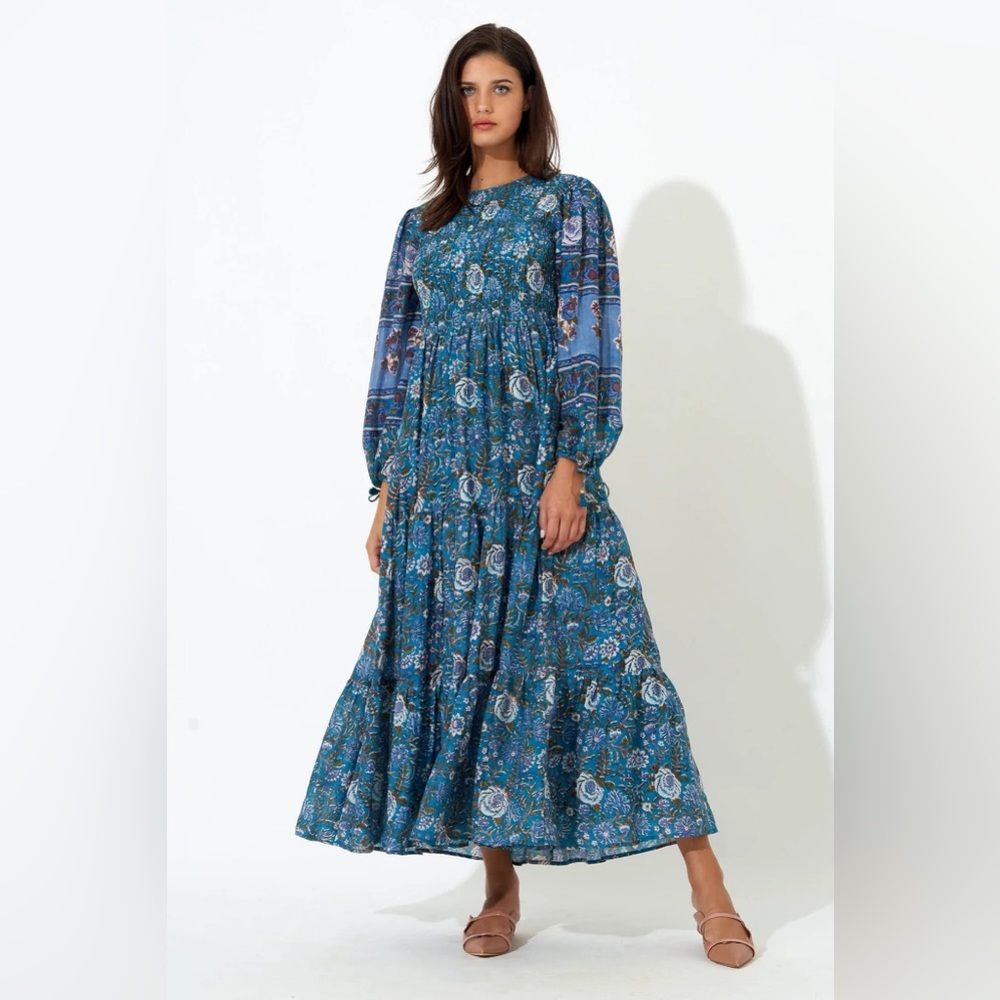 Oliphant Blue Tolouse Smocked Top Maxi